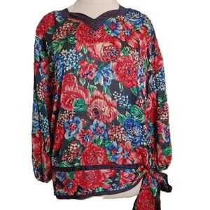 Vintage Diane Freis Beaded Bubble Top Waist Sash Floral Crinkle Satin Boho